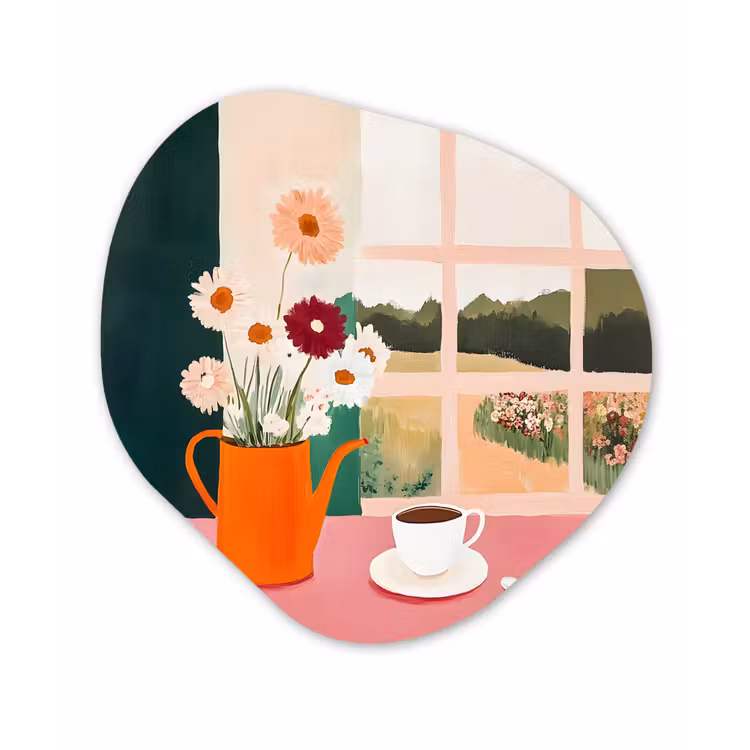 Organisch schilderij - Forex - Bloemen - Koffie - Raam — 1