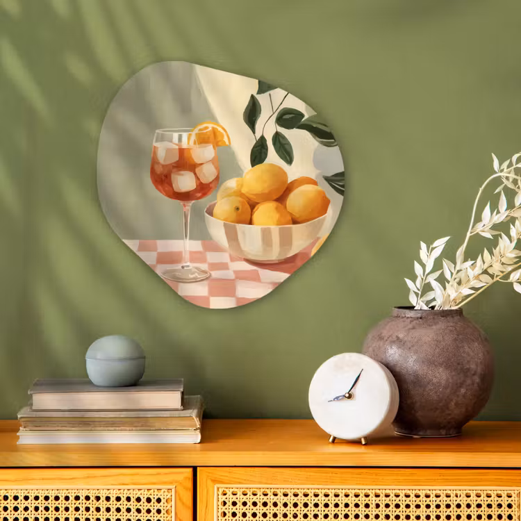Organisch schilderij - Forex - Citroenen - Glas - Tafelkleed - Geblokt — 2