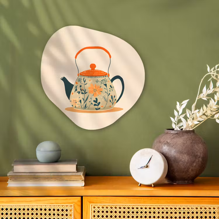 Organisch schilderij - Forex - Oranje - Theepot - Bloemen - Bladeren — 2