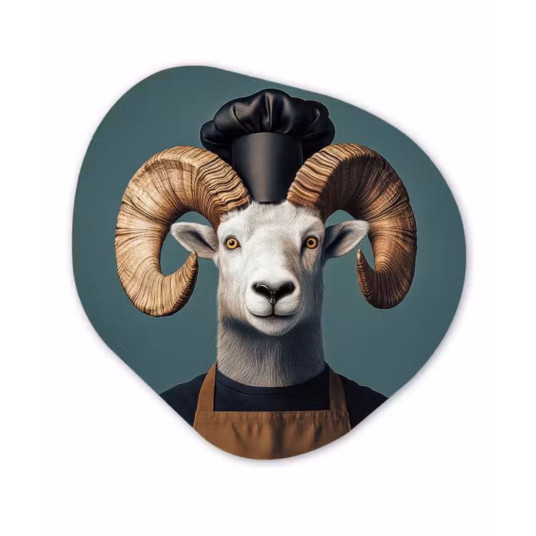 Organisch schilderij - Forex - Geit - Hoorns - Kokskleding — 1