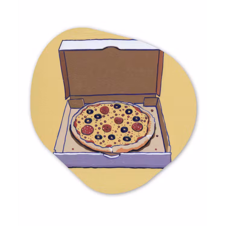 Organisch schilderij - Forex - Pizza - Doos - Salami - Illustratie — 1