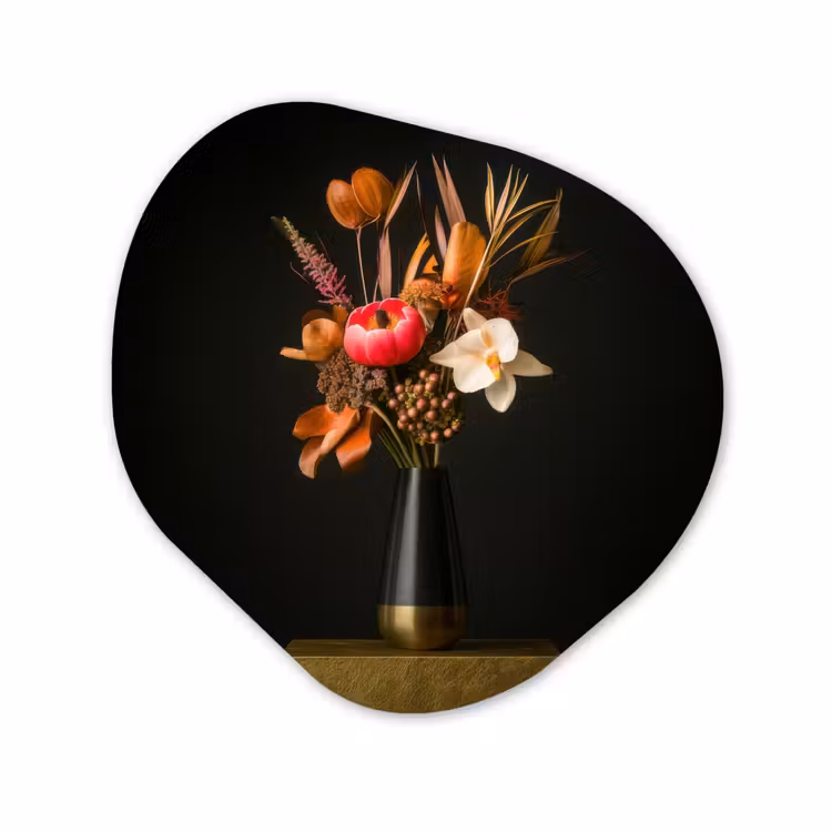 Organisch schilderij - Forex - Boeket - Oranje - Gouden - vaas — 1