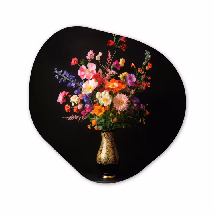 Organisch schilderij - Forex - Kleurrijk - Boeket - Vaas - Goud — 1