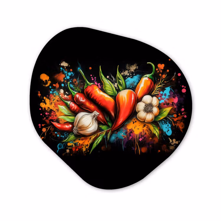 Organisch schilderij - Forex - Groente - Peper - Knoflook - Graffiti - Verf - Kleurrijk — 1