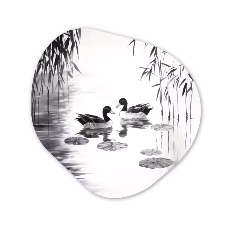 Organisch schilderij - Forex - Eenden - Waterlelies - Riet - Zwart — 1