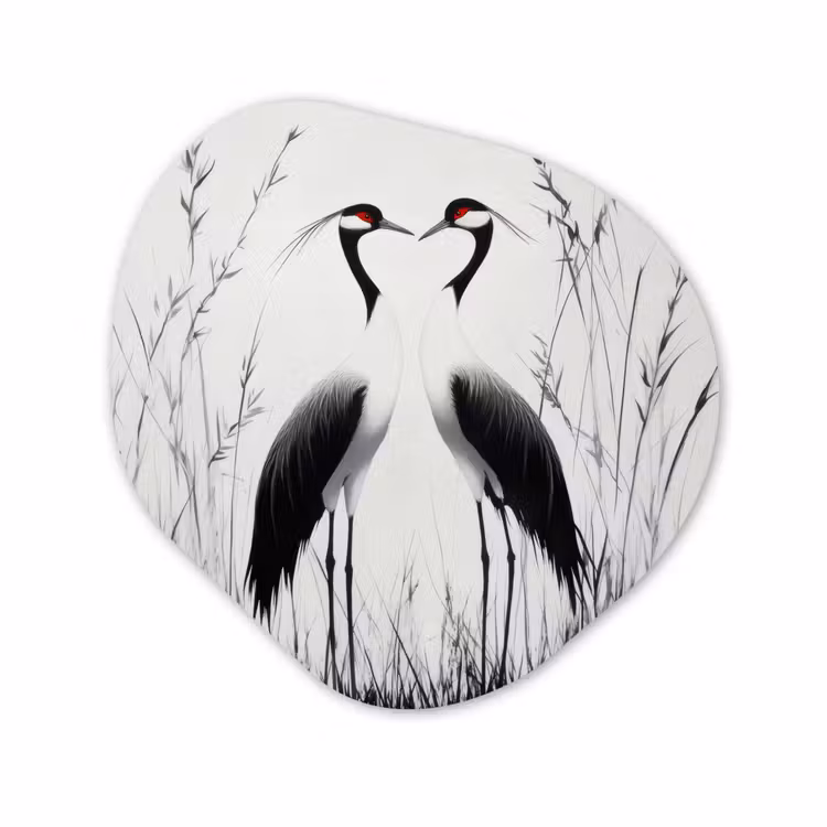 Organisch schilderij - Forex - Kraanvogels - Gras - Hartvorm - Zwart — 1