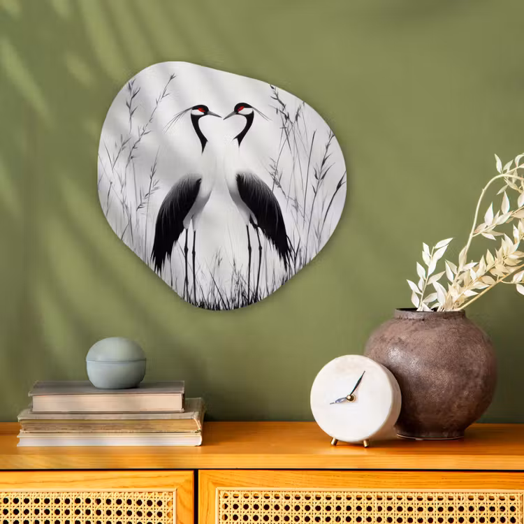 Organisch schilderij - Forex - Kraanvogels - Gras - Hartvorm - Zwart — 2