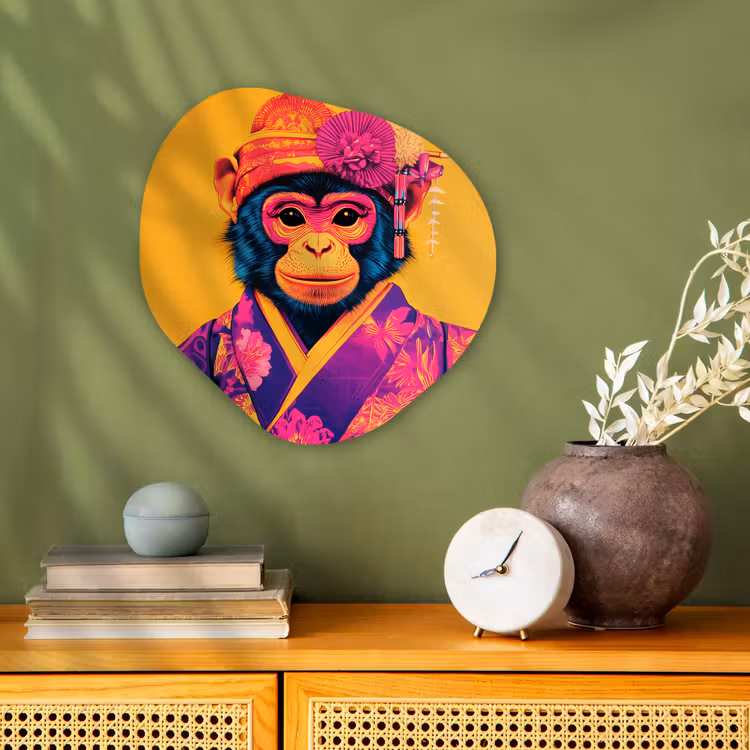 Organisch schilderij - Forex - Aap - Kimono - Bloemen - Hoofdtooi — 2