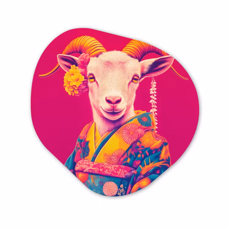 Organisch schilderij - Forex - Geit - Hoorns - Kimono - Kleurrijk — 1