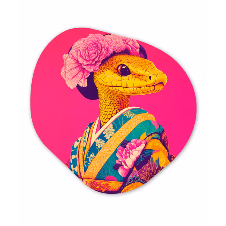 Organisch schilderij - Forex - Hagedis - Bloemen - Roze - Kimono — 1