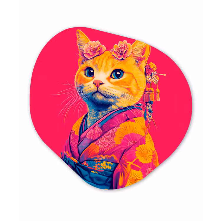 Organisch schilderij - Forex - Kat - Kimono - Bloemen - Roze — 1