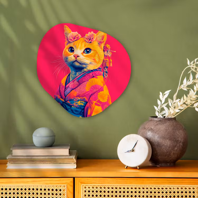 Organisch schilderij - Forex - Kat - Kimono - Bloemen - Roze — 2