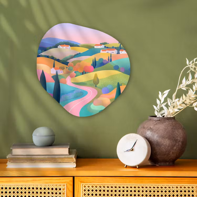 Organisch schilderij - Forex - Landschap - Paars - Pastel - Huizen — 2