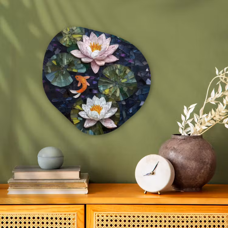 Organisch schilderij - Forex - Glasstukjes - Leliebladeren - Vis - Oranje — 2