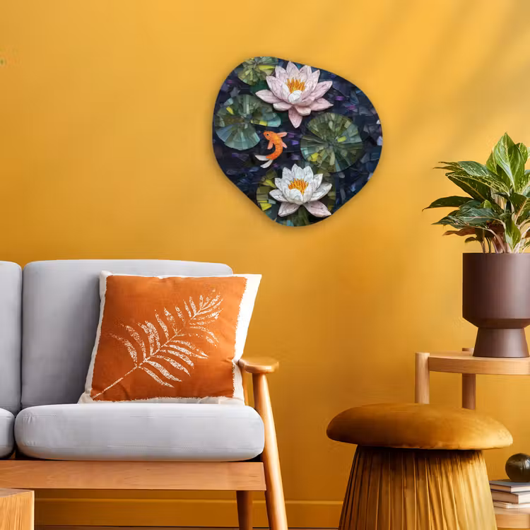 Organisch schilderij - Forex - Glasstukjes - Leliebladeren - Vis - Oranje — 3