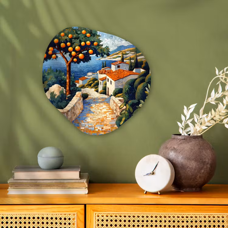 Organisch schilderij - Forex - Huizen - Mozaïek - Sinaasappelbomen - Zee — 2