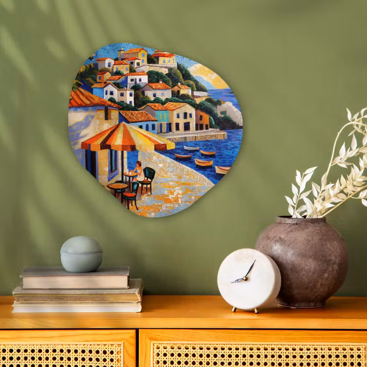 Organisch schilderij - Forex - Kustdorp - Huisjes - Mozaïek - Zee — 2