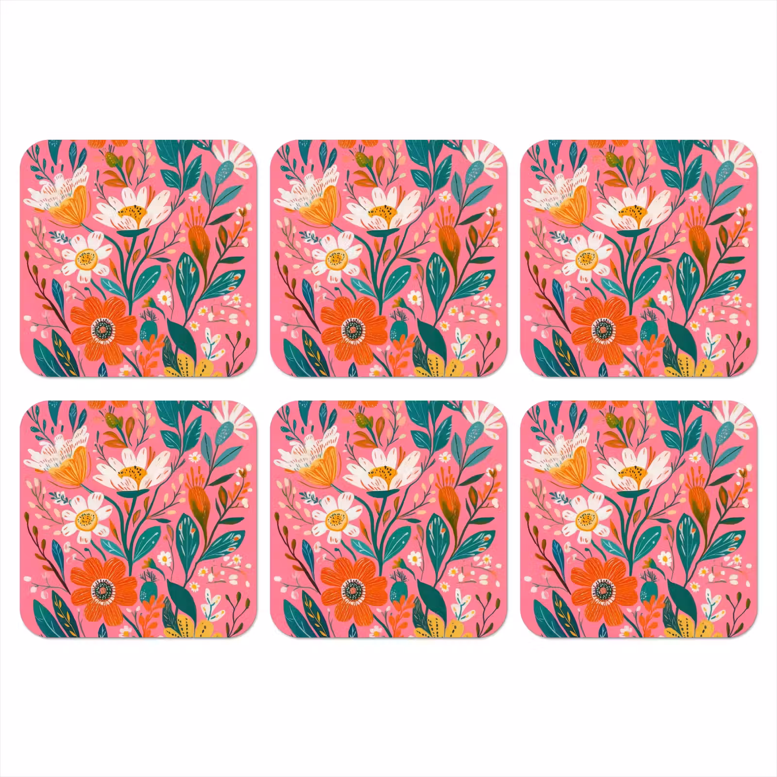 Onderzetter - Roze - Bloemen - Wit - Oranje — 1