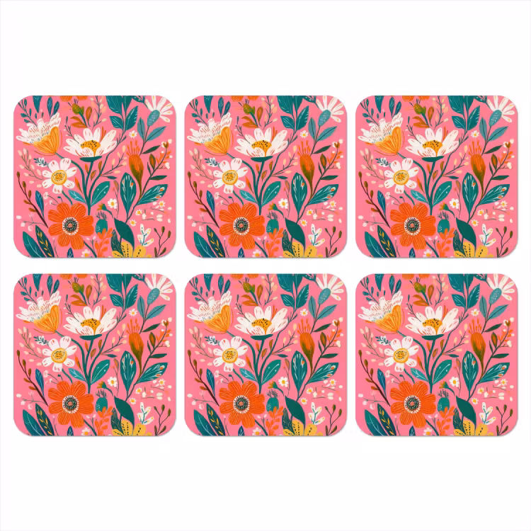 Onderzetter - Roze - Bloemen - Wit - Oranje — 1