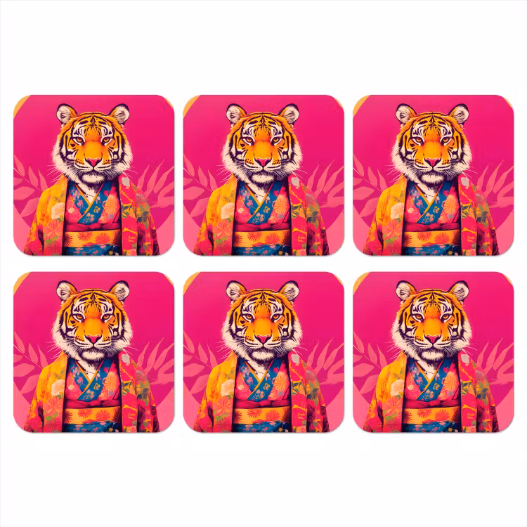 Onderzetter - Tijger - Kimono - Planten - Roze — 1