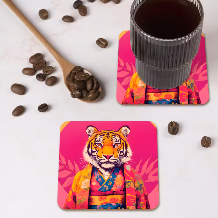 Onderzetter - Tijger - Kimono - Planten - Roze — 4
