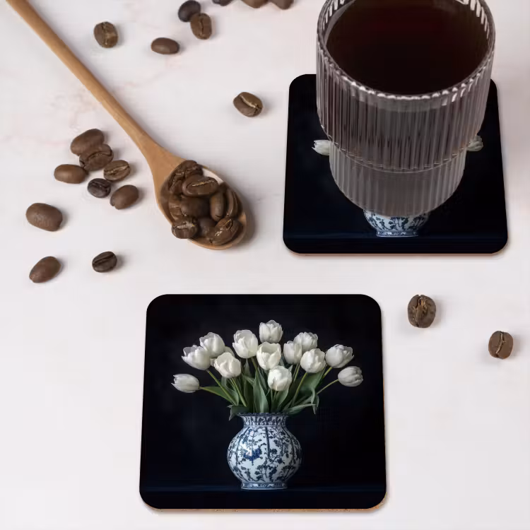 Onderzetter - Wit - Bloemen - Tulpen - Vaas — 4
