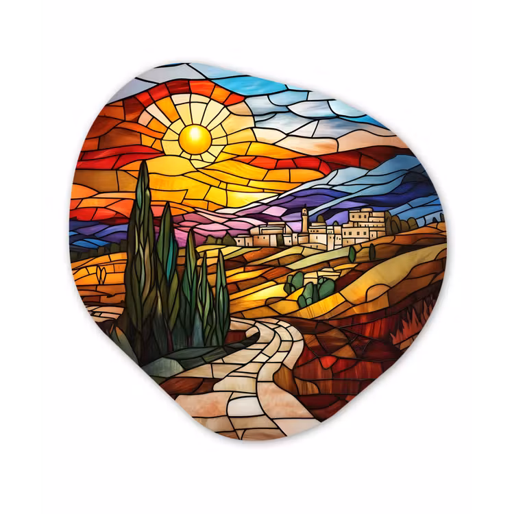 Organisch schilderij - Forex - Mozaïek - Zon - Landschap - Dorp — 1