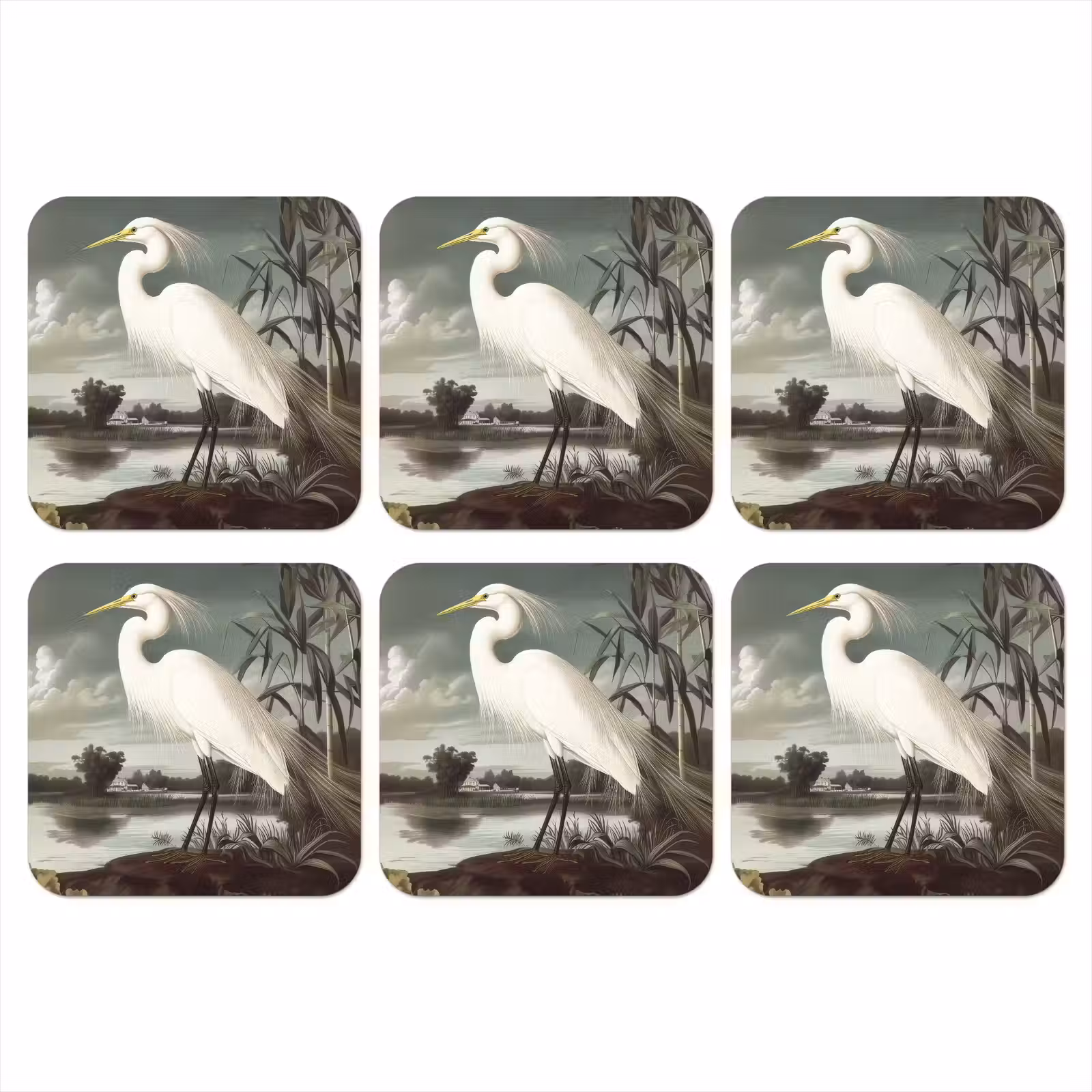 Onderzetter - Reiger - Planten - Wolken - Wit — 1