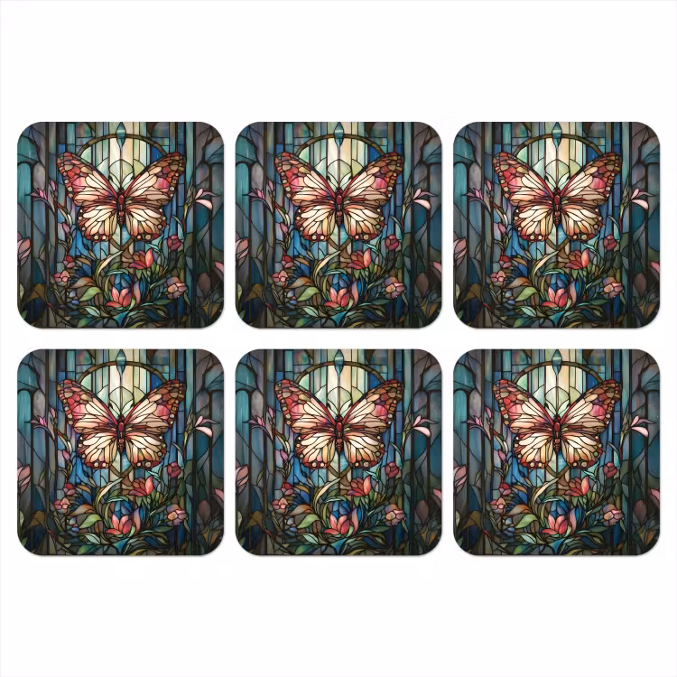 Onderzetter - Vlinder - Roze - Bloemen - Bladeren — 1