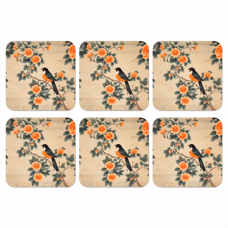 Onderzetter - Vogel - Tak - Bloemen - Oranje — 1