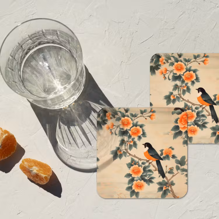 Onderzetter - Vogel - Tak - Bloemen - Oranje — 3