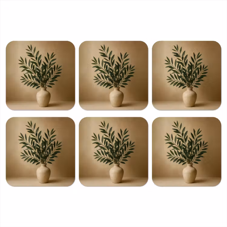 Onderzetter - Vaas - Olijftakken - Bladeren - Beige — 1
