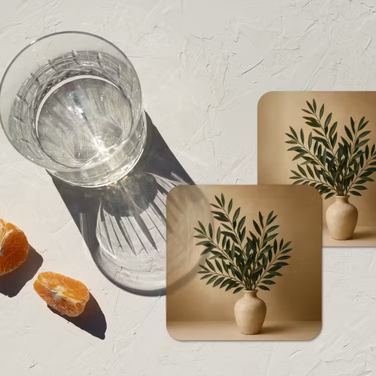 Onderzetter - Vaas - Olijftakken - Bladeren - Beige — 3