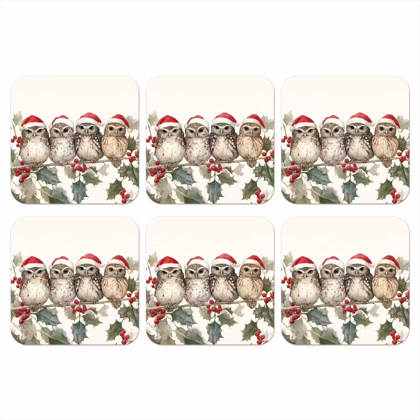 Onderzetter - Uilen - Tak - Hulstblaadjes - Kerstmuts — 1