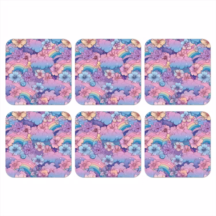 Onderzetter - Regenbogen - Bloemen - Kleurrijk - Wolken — 1