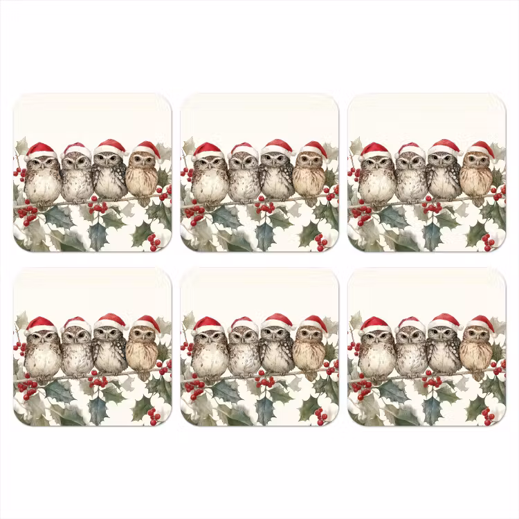 Onderzetter - Uilen - Tak - Hulstblaadjes - Kerstmuts — 1