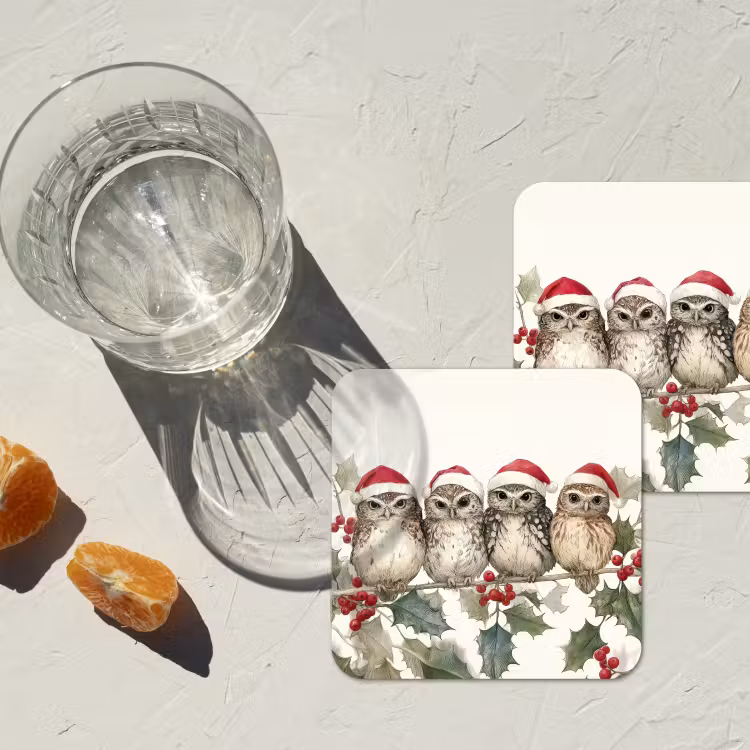 Onderzetter - Uilen - Tak - Hulstblaadjes - Kerstmuts — 3