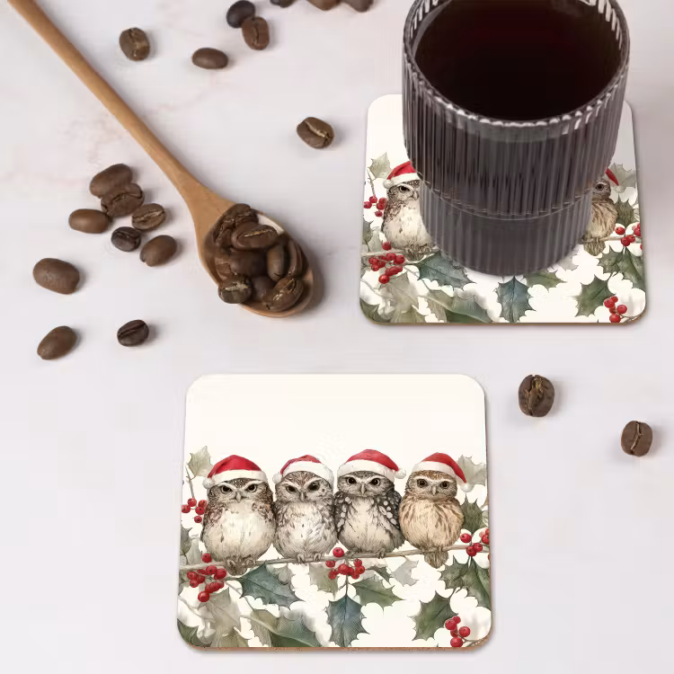 Onderzetter - Uilen - Tak - Hulstblaadjes - Kerstmuts — 4
