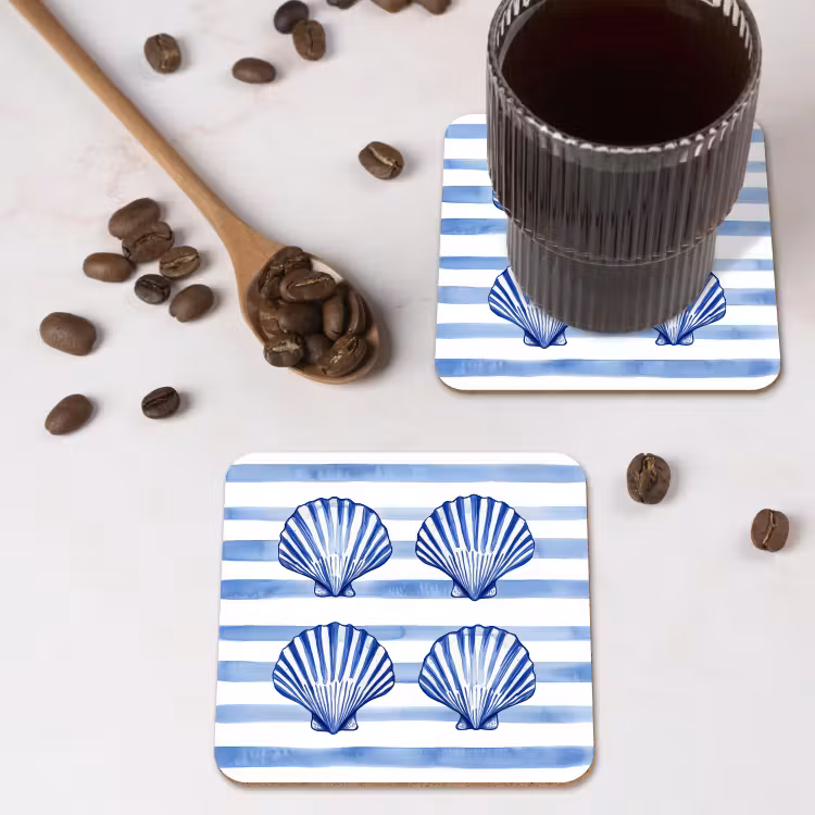 Onderzetter - Vier schelpen - Blauw - Wit - Strepen — 4