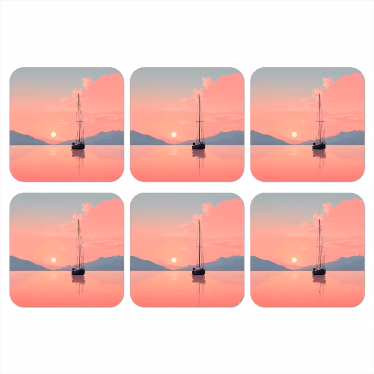 Onderzetter - Zeilboot - Roze zee - Zonsondergang - Bergen — 1