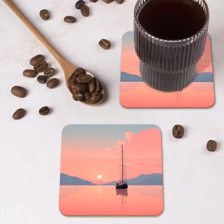 Onderzetter - Zeilboot - Roze zee - Zonsondergang - Bergen — 4