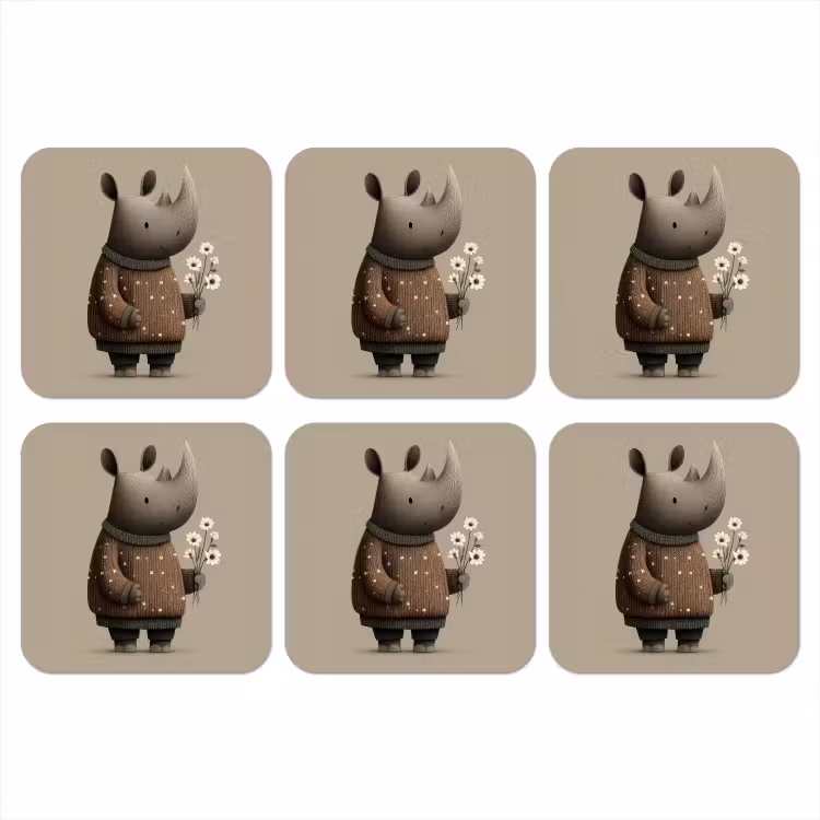 Onderzetter - Neushoorn - Witte bloemen - Lief — 1