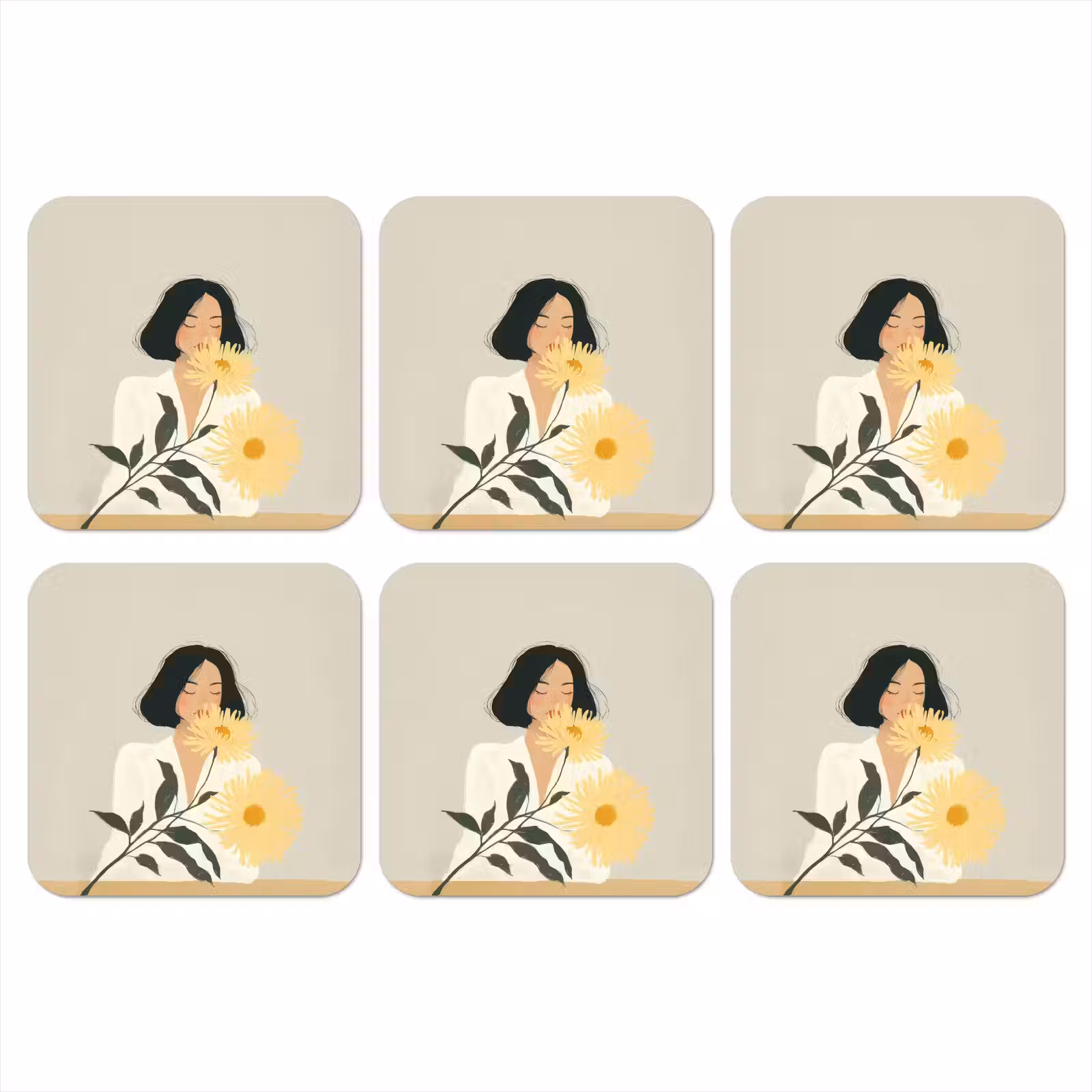 Onderzetter - Vrouw - Bloem - Geel - Minimalistisch — 1