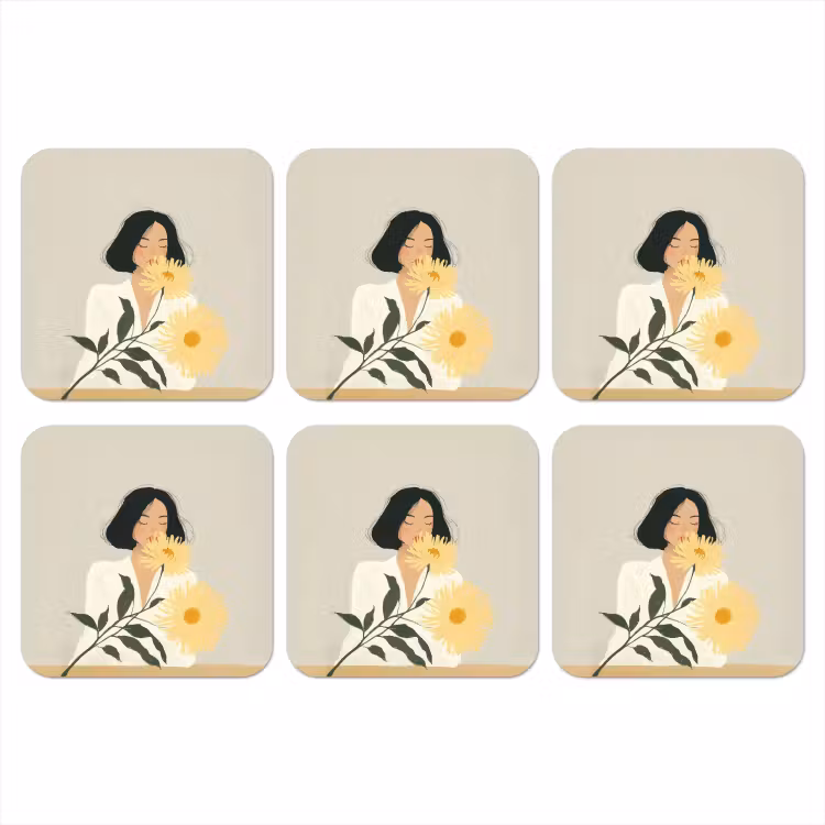 Onderzetter - Vrouw - Bloem - Geel - Minimalistisch — 1