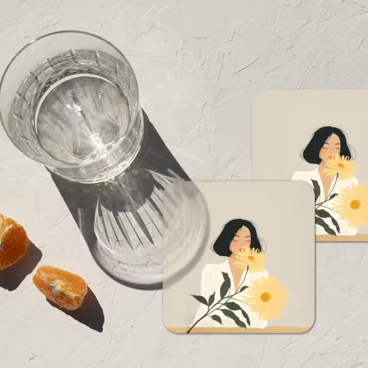 Onderzetter - Vrouw - Bloem - Geel - Minimalistisch — 3