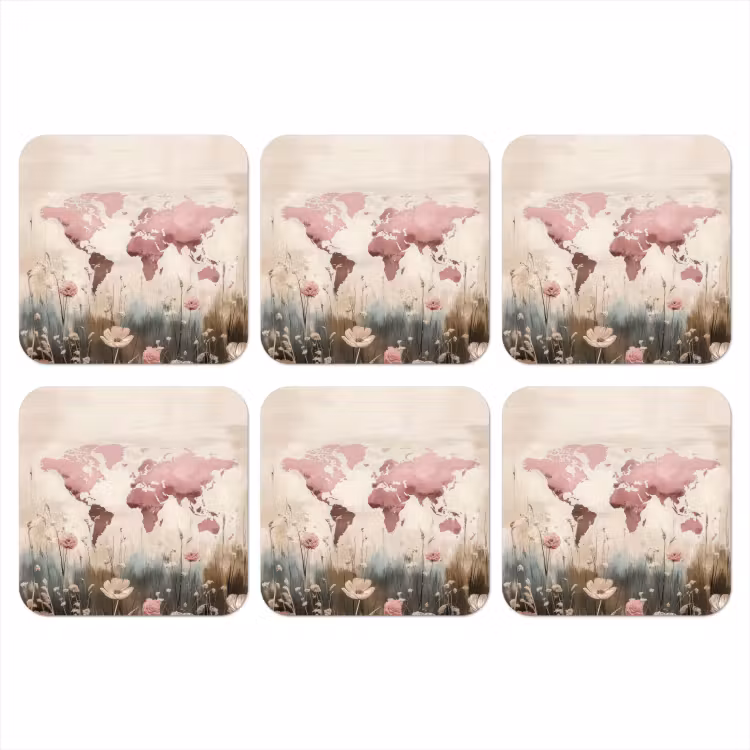 Onderzetter - Wereldkaart - Roze - Bloemen — 1