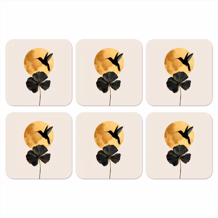 Onderzetter - Zwarte kolibrie - Bloem - Gouden cirkel — 1