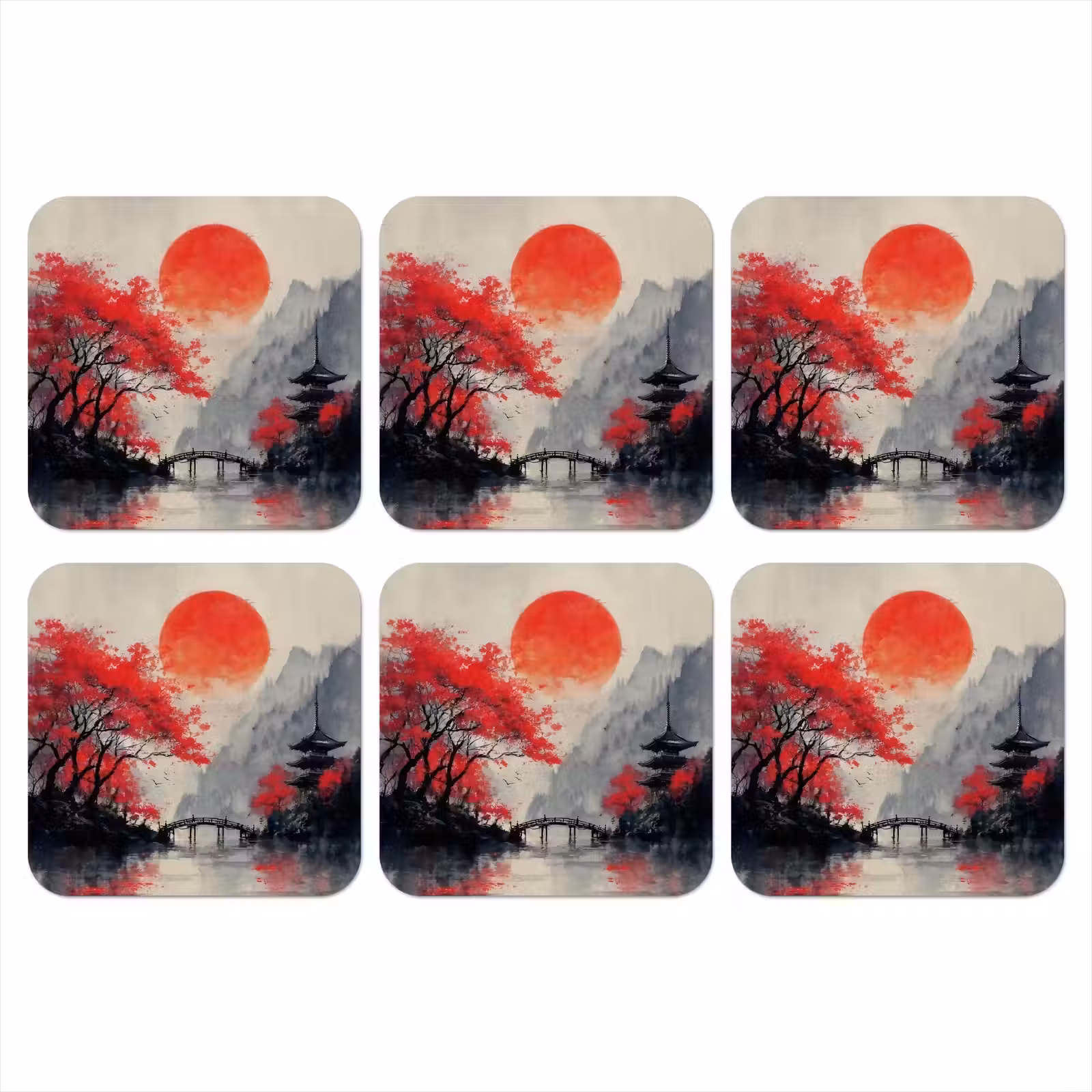Onderzetter - Rode zon - Rivier - brug - Bomen — 1