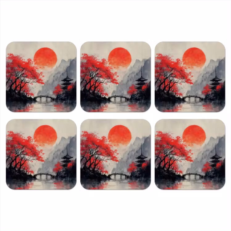 Onderzetter - Rode zon - Rivier - brug - Bomen — 1