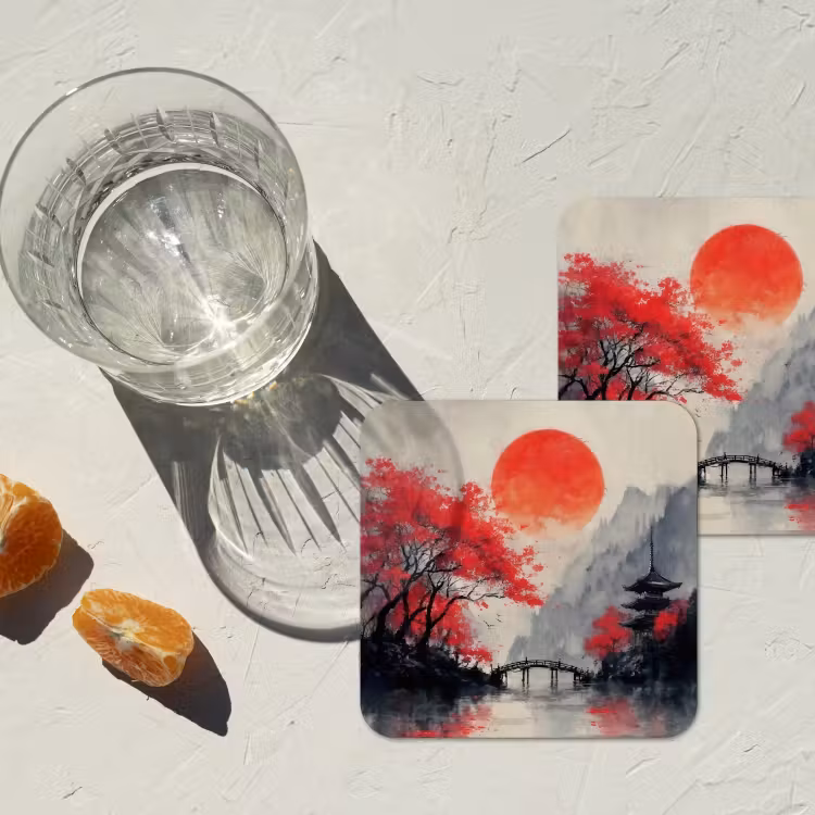 Onderzetter - Rode zon - Rivier - brug - Bomen — 3